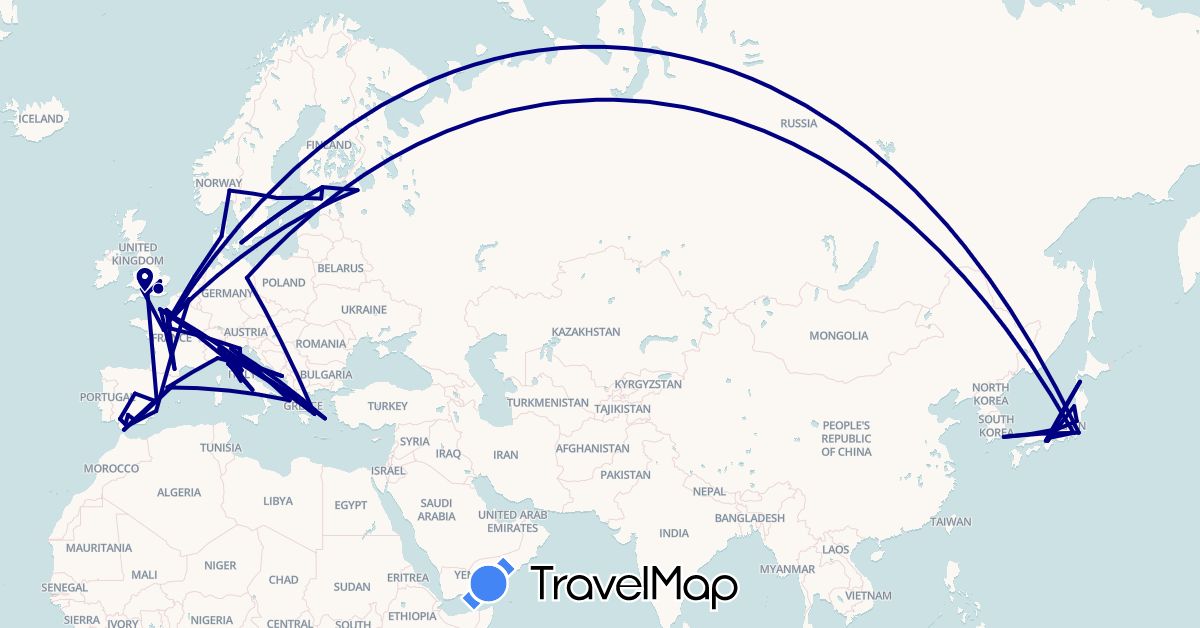 TravelMap itinerary: driving in Belgium, Germany, Denmark, Estonia, Spain, Finland, France, United Kingdom, Greece, Italy, Japan, South Korea, Montenegro, Norway, Russia, Sweden (Asia, Europe)